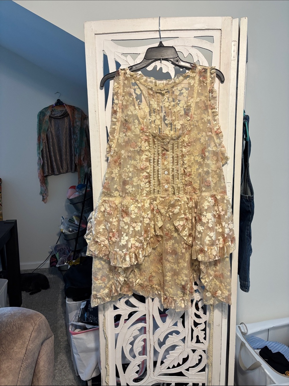 Sheer Floral Ruffle Sleeveless Top / tunic overlay - Pale Yellow